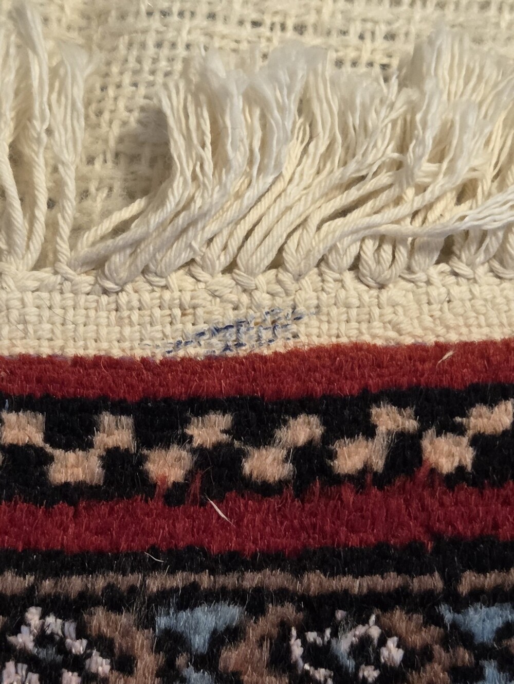 Small Wool Rug Hand Knit Persian Style 1 Square Foot Red White Fringe Bokhara - Picture 4 of 10